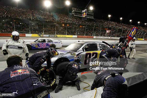 Scott Speed, driver of the Red Bull Toyota, pits during the NASCAR Sprint Cup series SHOWTIME Southern 500 at Darlington Raceway on May 8, 2010 in...