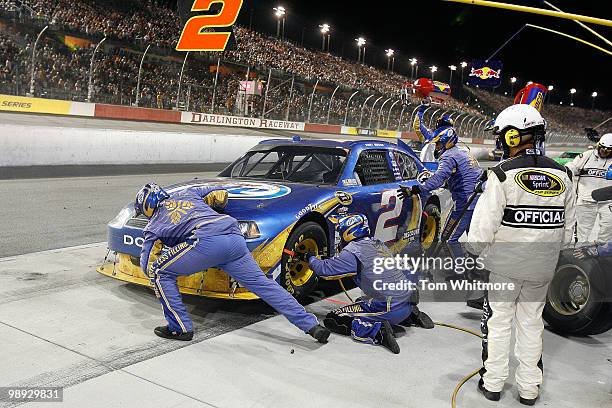 Kurt Busch, driver of the Miller Lite Dodge, pits during the NASCAR Sprint Cup series SHOWTIME Southern 500 at Darlington Raceway on May 8, 2010 in...
