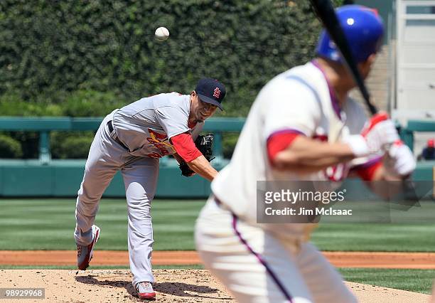 Kyle Lohse of the St. Louis Cardinals delivers a pitch to Placido Polanco of the Philadelphia Phillies at Citizens Bank Park on May 6, 2010 in...
