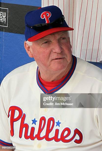 Manager Charlie Manuel of the Philadelphia Phillies sits in the dugout prior to playing the St. Louis Cardinals at Citizens Bank Park on May 6, 2010...