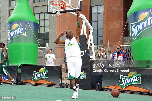 Participant celebrates during the Sprite Slam Dunk Contest as part of the NBA Nation Mobile Basketball Tour on May 8, 2010 at the ÒCinco De Mayo...