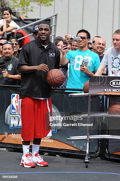 Ty Lawson of the Denver Nuggets takes part in the NBA Nation Mobile Basketball Tour on May 8, 2010 at the ÒCinco De Mayo Festival" in Denver,...