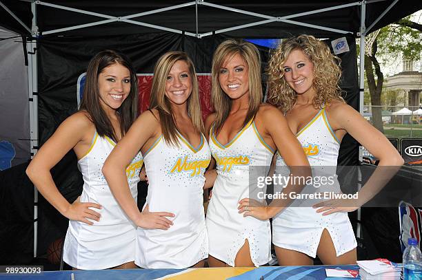 The Denver Nuggets dancers pose for a photo during the NBA Nation Mobile Basketball Tour on May 8, 2010 at the ÒCinco De Mayo Festival" in Denver,...