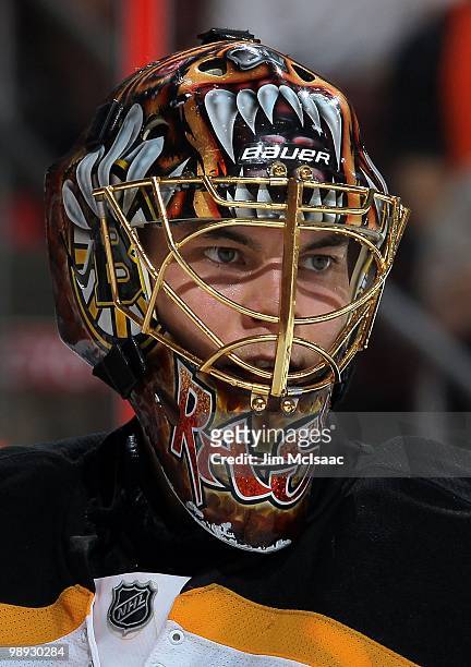 Tuukka Rask of the Boston Bruins looks on against the Philadelphia Flyers in Game Three of the Eastern Conference Semifinals during the 2010 NHL...