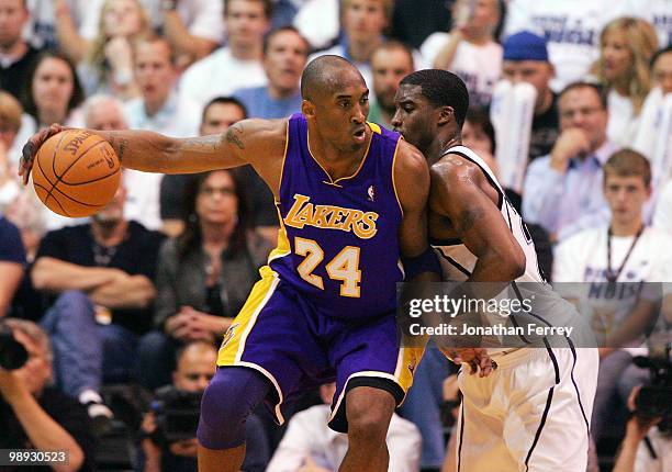 Kobe Bryant of the Los Angeles Lakers is defended by Wesley Matthews of the Utah Jazz during Game Three of the Western Conference Semifinals of the...