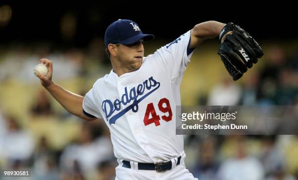 Pitcher Charlie Haeger of the Los Angeles Dodgers throws a knuckle ball against the Colorado Rockies on May 8, 2010 at Dodger Stadium in Los Angeles,...
