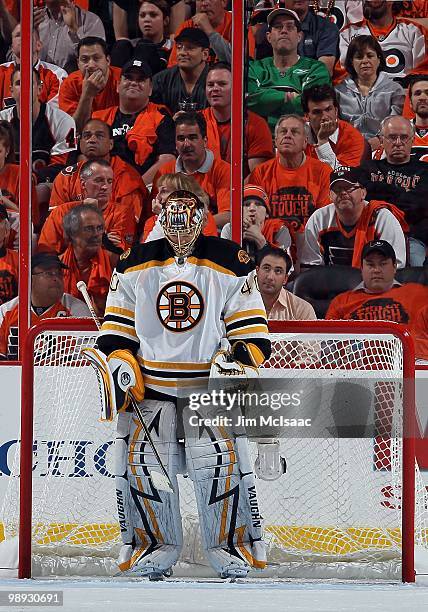 Tuukka Rask of the Boston Bruins looks on against the Philadelphia Flyers in Game Three of the Eastern Conference Semifinals during the 2010 NHL...