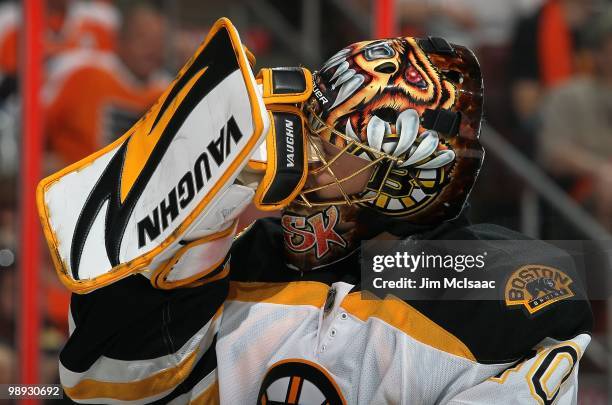 Tuukka Rask of the Boston Bruins looks on against the Philadelphia Flyers in Game Three of the Eastern Conference Semifinals during the 2010 NHL...