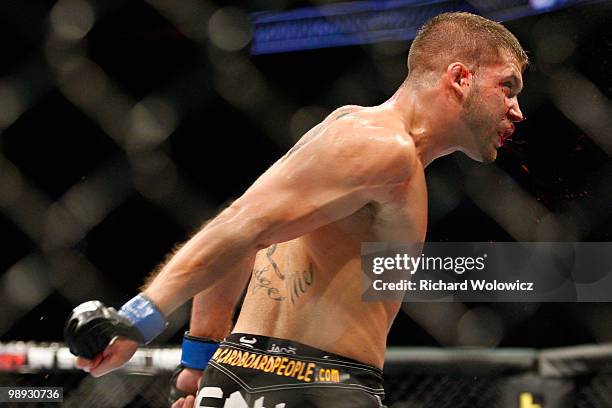 Jeremy Stephens bleeds during his in their lightweight "swing" bout against Sam Stout at UFC 113 at Bell Centre on May 8, 2010 in Montreal, Quebec,...