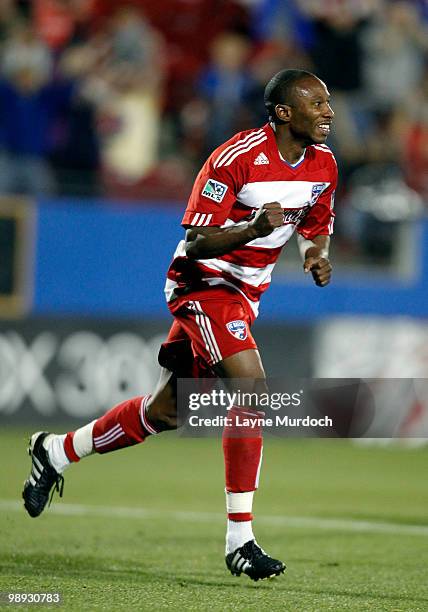 Jeff Cunningham of FC Dallas celebrates his winning goal against D.C. United at Pizza Hut Park on May 8, 2010 in Frisco, Texas.