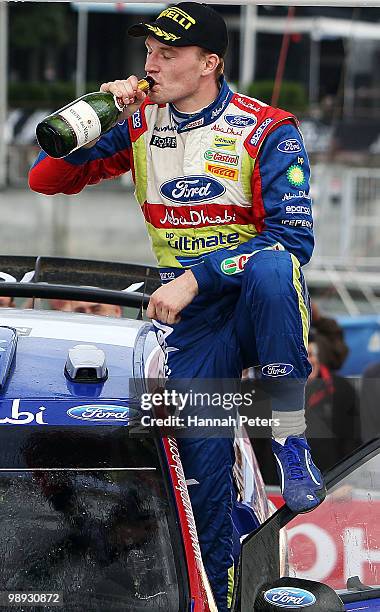 Jari-Matti Latvala of Finland celebrates after winning the WRC Rally of New Zealand on May 9, 2010 in Auckland, New Zealand.