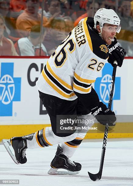 Blake Wheeler of the Boston Bruins skates against the Philadelphia Flyers in Game Three of the Eastern Conference Semifinals during the 2010 NHL...