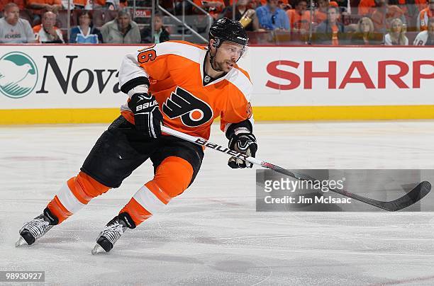 Darroll Powe of the Philadelphia Flyers skates against the Boston Bruins in Game Three of the Eastern Conference Semifinals during the 2010 NHL...