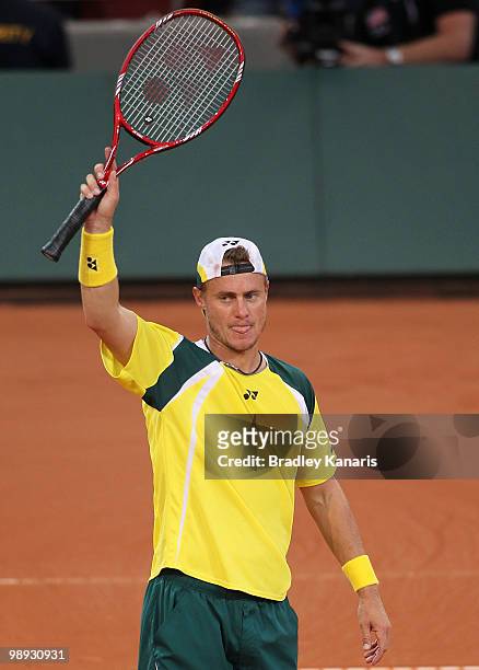 Lleyton Hewitt of Australia celebrates victory after his match against Yuichi Sugita of Japan during the match between Australia and Japan on day...