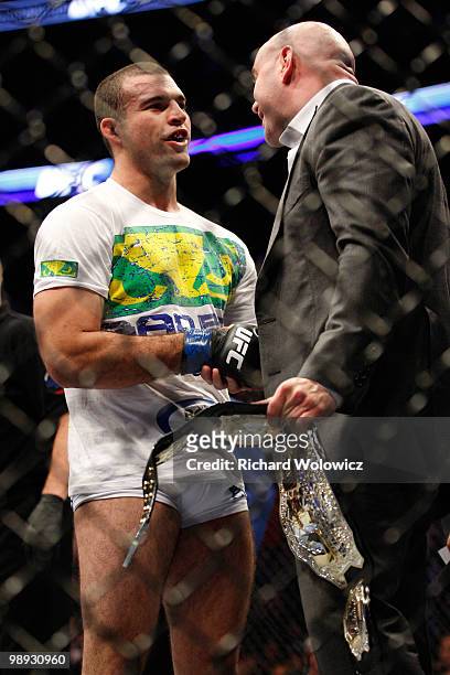 Mauricio "Shogun" Rua receives the light heavyweight belt after defeating Lyoto Machida at UFC 113 at Bell Centre on May 8, 2010 in Montreal, Quebec,...