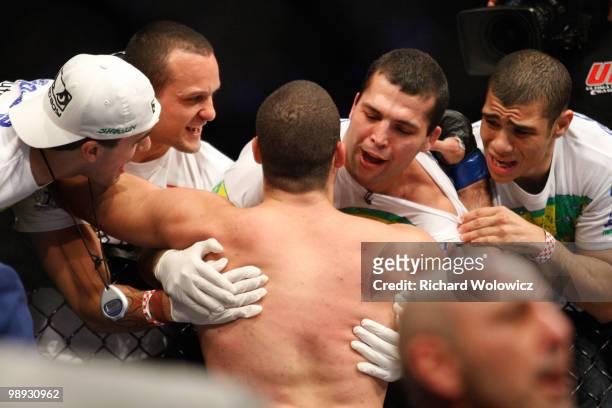 Mauricio "Shogun" Rua celebrates his victory over Lyoto Machida with his team in their light heavyweight bout at UFC 113 at Bell Centre on May 8,...