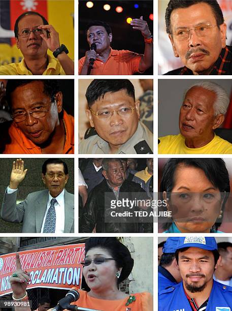 To go with profile story Philippines-politics-vote-personalities A combo of file pictures created on May 9, 2010 shows the faces of various...