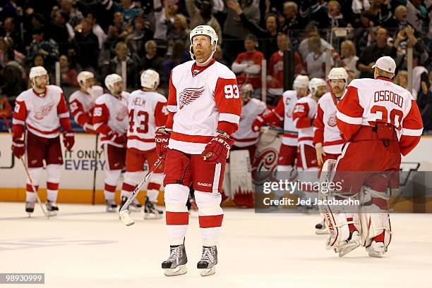 Johan Franzen of the Detroit Red Wings skates off the ice after losing to the San Jose Sharks in Game Five of the Western Conference Semifinals...