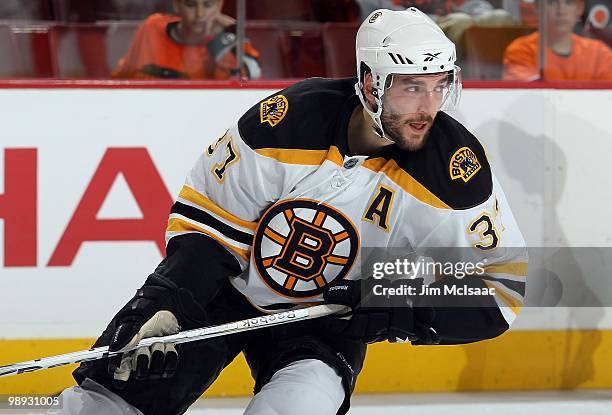 Patrice Bergeron of the Boston Bruins skates against the Philadelphia Flyers in Game Three of the Eastern Conference Semifinals during the 2010 NHL...
