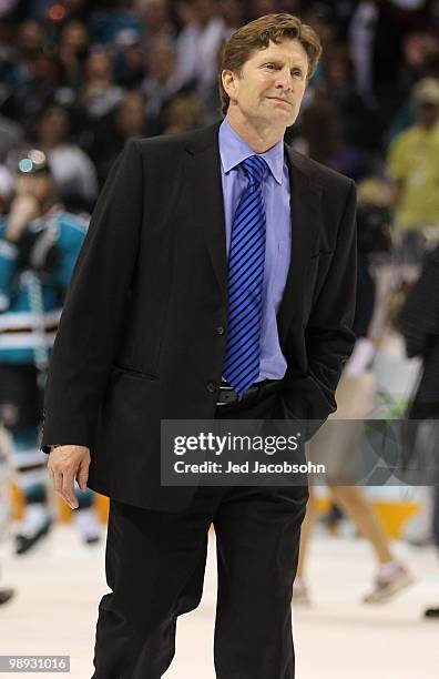 Head coach Mike Babcock of the Detroit Red Wings walks off the ice after losing to the San Jose Sharks in Game Five of the Western Conference...