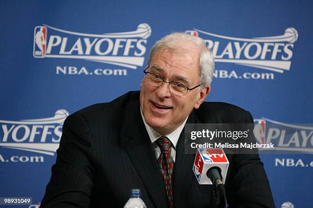 Phil Jackson Head Coach of the Los Angeles Lakers gives a post game interview after the game win against the Utah Jazz in Game Three of the Western...