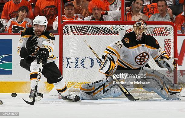 Tuukka Rask of the Boston Bruins defends his net against the Philadelphia Flyers in Game Three of the Eastern Conference Semifinals during the 2010...