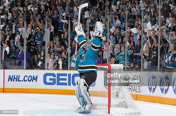 Evgeni Nabokov of the San Jose Sharks celebrates the win over the Detroit Red Wings in Game Five of the Western Conference Semifinals during the 2010...