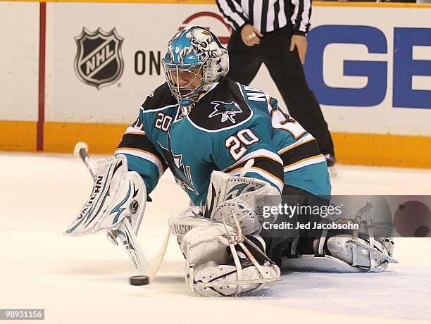 Evgeni Nabokov of the San Jose Sharks makes a save against the Detroit Red Wings in Game Five of the Western Conference Semifinals during the 2010...