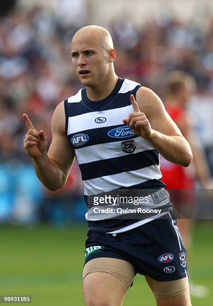 Gary Ablett of the Cats celebrates a goal during the round seven AFL match between the Geelong Cats and the Sydney Swans at Skilled Stadium on May 9,...