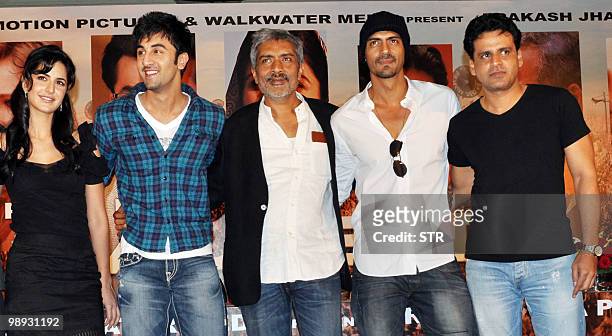 Indian Bollywood actors Katrina Kaif, Ranbir Kapoor, director Prakash Jha and actors Arjun Ram Pal and Manoj Bajpai attend a press conference to...