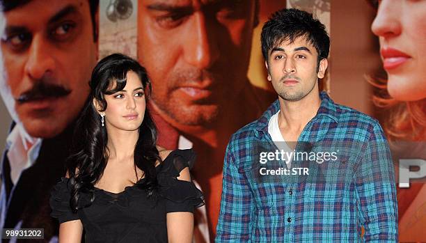 Indian Bollywood actors Katrina Kaif and Ranbir Kapoor attend a press conference to promote Hindi film "Raajneeti" in Mumbai May 8, 2010. AFP...