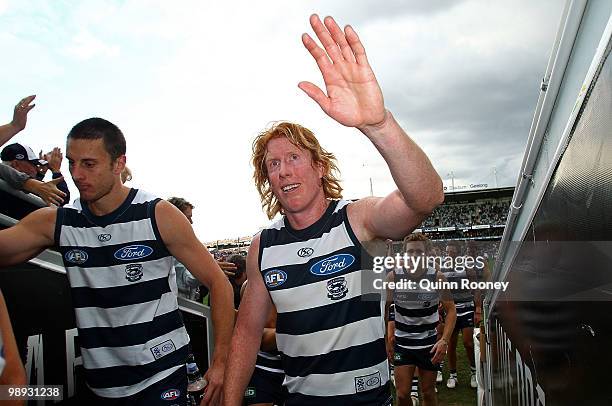 Cameron Ling of the Cats waves to fans as he leaves the ground during the round seven AFL match between the Geelong Cats and the Sydney Swans at...