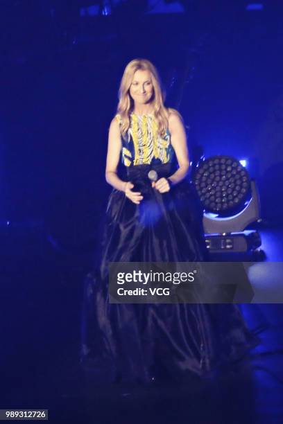Canadian singer Celine Dion performs on the stage during 'Celine Dion Live 2018 in Macao' concert at the Venetian Macao’s Cotai Arena on June 29,...