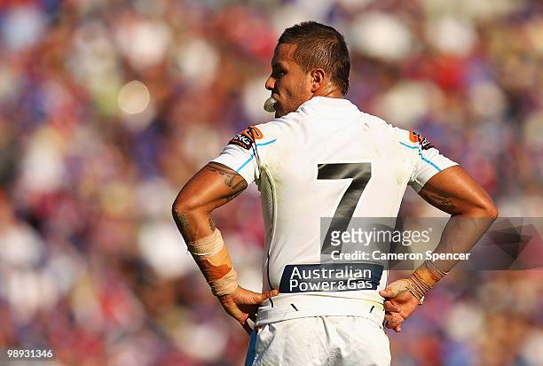Titans captain Scott Prince looks on during the round nine NRL match between the Newcastle Knights and the Gold Coast Titans at EnergyAustralia...