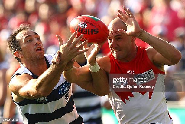 James Podsiadly of the Cats marks infront of Tadhg Kennelly of the Swans during the round seven AFL match between the Geelong Cats and the Sydney...