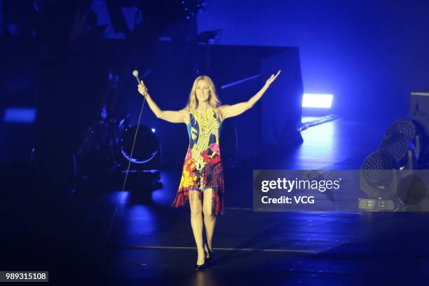 Canadian singer Celine Dion performs on the stage during 'Celine Dion Live 2018 in Macao' concert at the Venetian Macao’s Cotai Arena on June 29,...