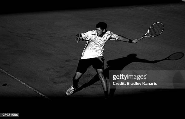 Carsten Ball of Australia plays a forehand during his match against Tatsuma Ito of Japan during the match between Australia and Japan on day three of...