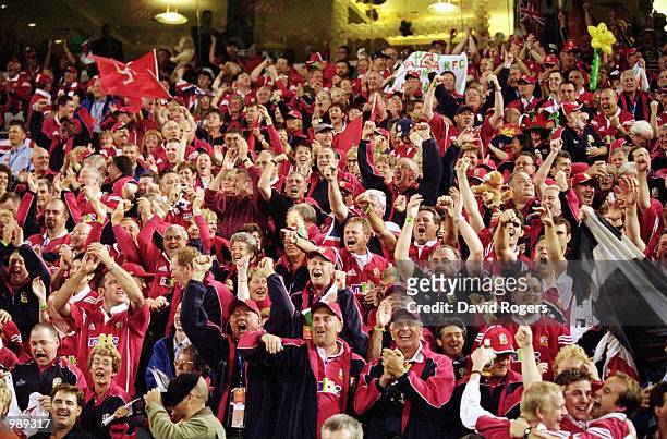 British Lions supporters cheer for their team during the First Test Match played between the Australian Wallabies and the British and Irish Lions...