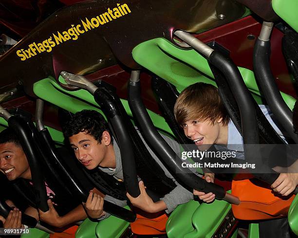 Justin Bieber and friends visit Six Flags Magic Mountain on May 8, 2010 in Valencia, California.