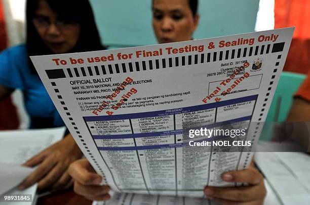 School teachers check a filled ballot paper during the final testing and sealing of automated election counting machines a day before the election in...