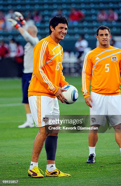 Forward Brian Ching and Danny Cruz of Houston Dynamo during warm up prior to the start of the MLS soccer match against Chivas USA on May 8, 2010 at...
