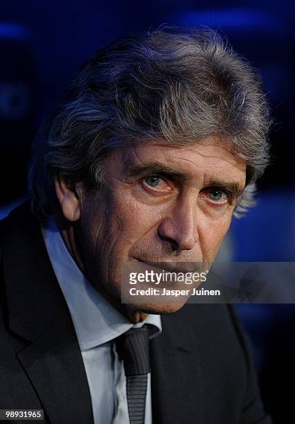 Head coach Manuel Pellegrini of Real Madrid looks on prior to the start of the La Liga match between Real Madrid and Athletic Bilbao at the Estadio...