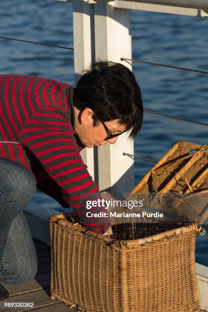 a lady looking in a fishing tackle box - tackle box stock-fotos und bilder