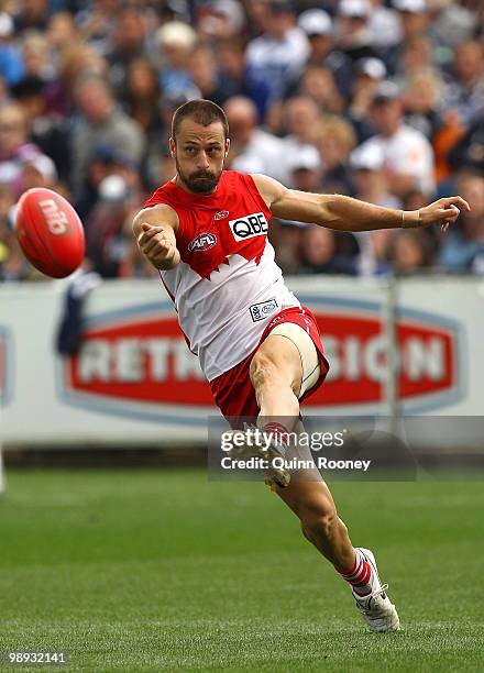 Nick Malceski of the Swans kicks during the round seven AFL match between the Geelong Cats and the Sydney Swans at Skilled Stadium on May 9, 2010 in...