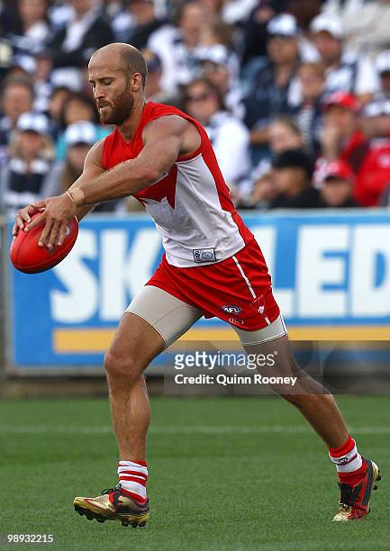 Jarrad McVeigh of the Swans kicks during the round seven AFL match between the Geelong Cats and the Sydney Swans at Skilled Stadium on May 9, 2010 in...