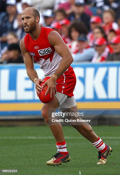Jarrad McVeigh of the Swans kicks during the round seven AFL match between the Geelong Cats and the Sydney Swans at Skilled Stadium on May 9, 2010 in...