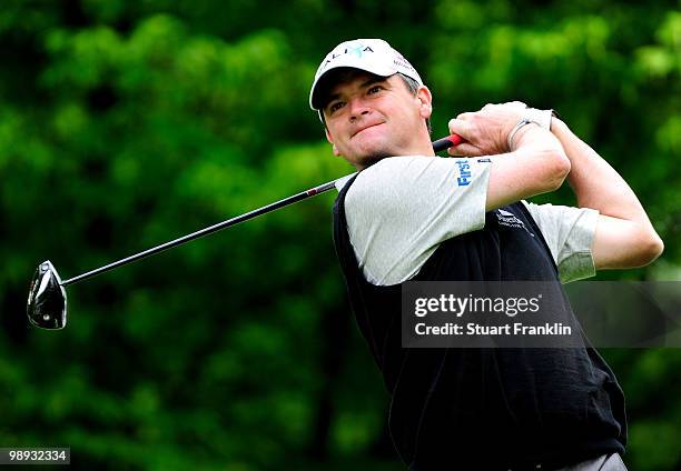 Paul Lawrie of Scotland plays his tee shot on the fourth hole during the final round of the BMW Italian Open at Royal Park I Roveri on May 9, 2010 in...