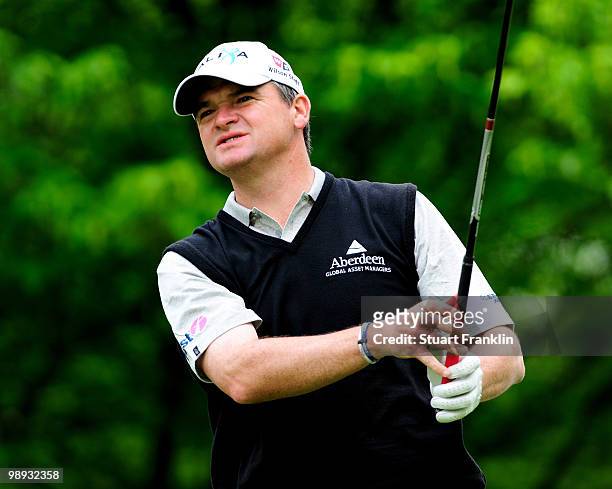 Paul Lawrie of Scotland plays his tee shot on the fourth hole during the final round of the BMW Italian Open at Royal Park I Roveri on May 9, 2010 in...