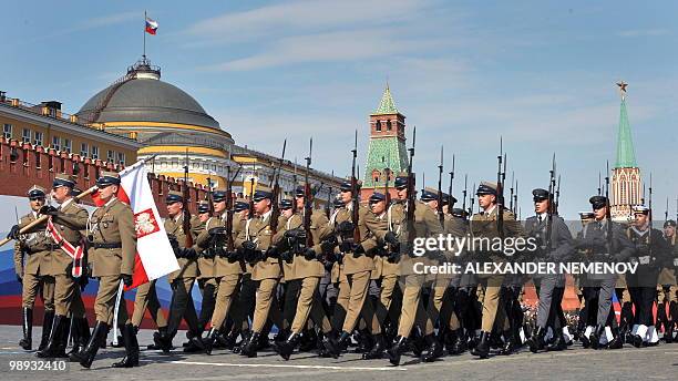 Polish soldiers march through Red Square during the Victory Day parade in Moscow on May 9, 2010. Troops from four NATO states marched through Red...