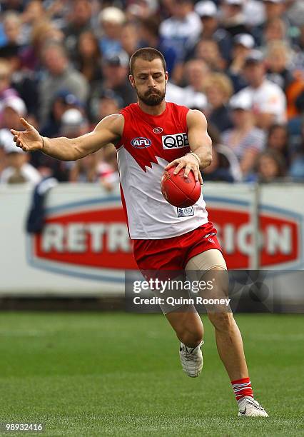 Nick Malceski of the Swans kicks during the round seven AFL match between the Geelong Cats and the Sydney Swans at Skilled Stadium on May 9, 2010 in...